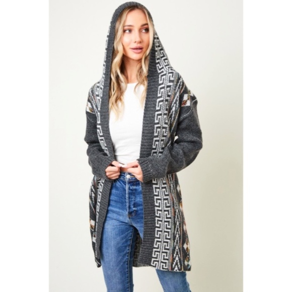 SOLD OUT Gray Native Cowichan Aztec Hooded Cardigan Sweater - Picture 3 of 10
